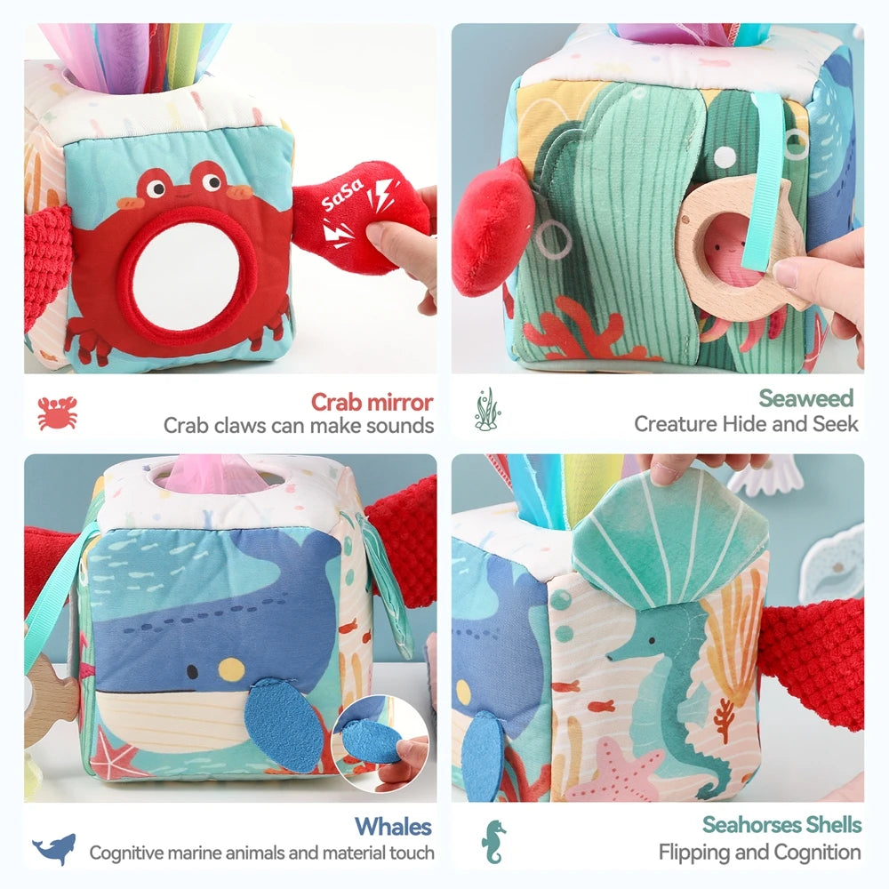 Multi-Sensory Activity Cube for Babies – Peek-A-Boo, Scarf Pull & Teether Toy