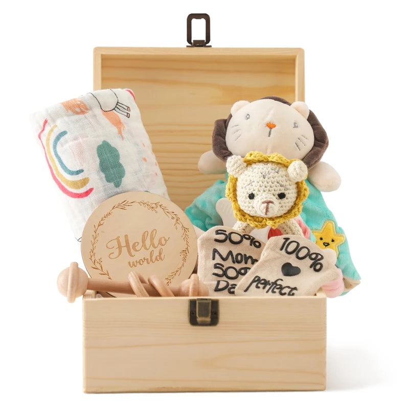 Deluxe Newborn Baby Gift Box – Plush Animal, Swaddle, Rattle & Keepsakes