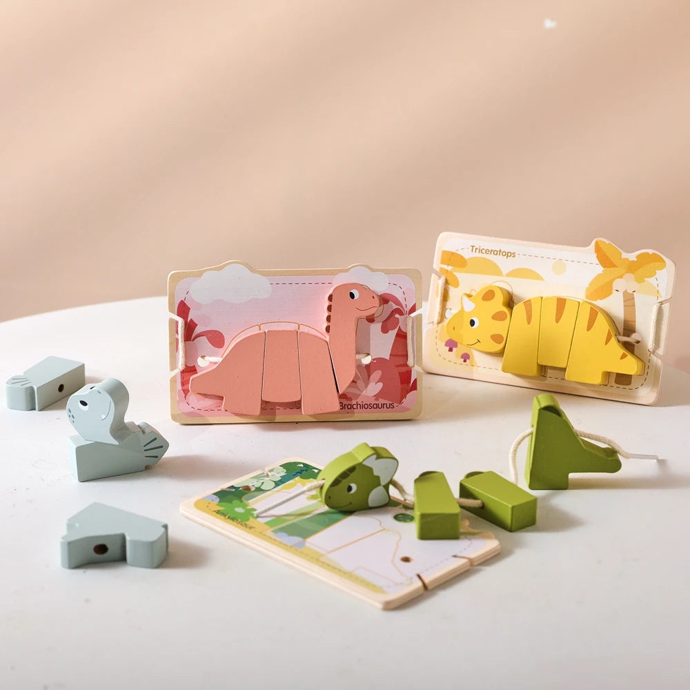 Wooden Dinosaur Lacing Puzzle – Montessori Fine Motor Toy for Toddlers