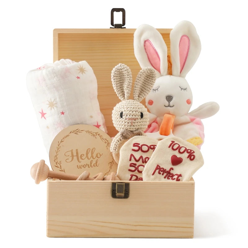 Deluxe Newborn Baby Gift Box – Plush Animal, Swaddle, Rattle & Keepsakes