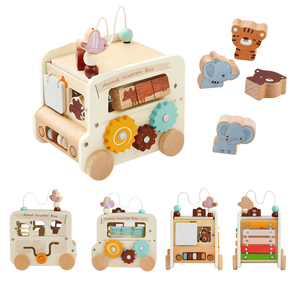 Wooden Montessori Activity Bus  – Sensory and Motor Skills Toddlers