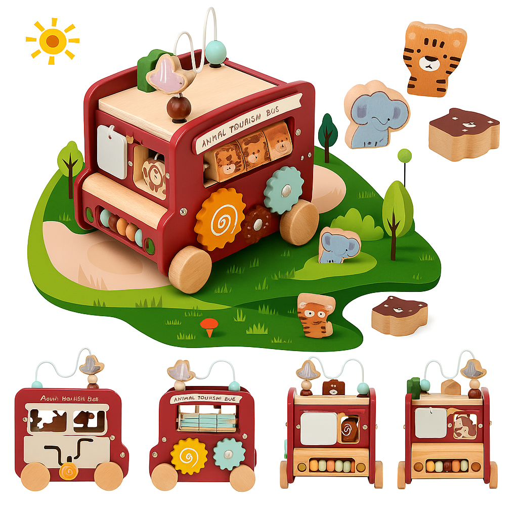 Wooden Montessori Activity Bus  – Sensory and Motor Skills Toddlers