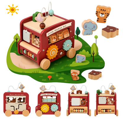 Wooden Montessori Activity Bus  – Sensory and Motor Skills Toddlers