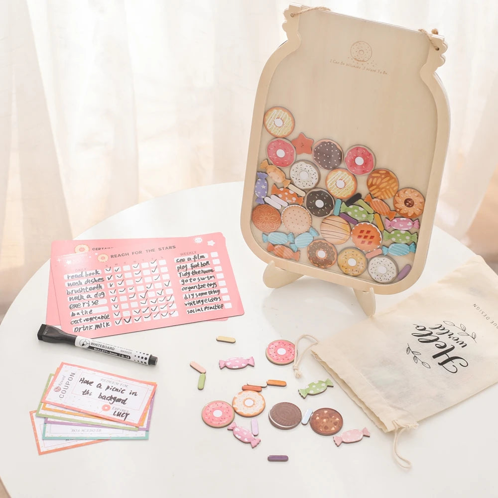 Wooden Reward Jar for Kids – Behavior Chart with Tokens, Habit Tracker & Coupons