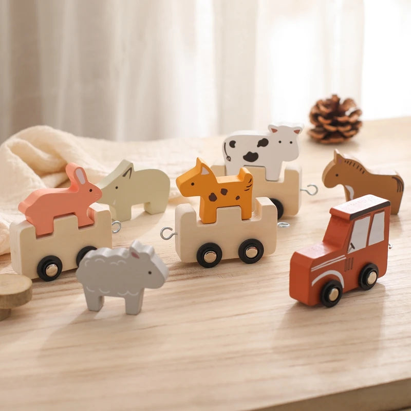 Montessori Wooden Pull Train with Animals – 2-in-1 Stacking & Rolling Toy Set