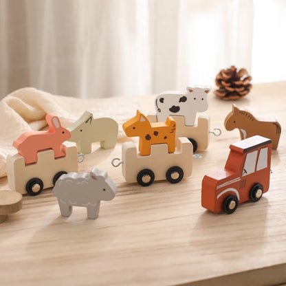 Montessori Wooden Pull Train with Animals – 2-in-1 Stacking & Rolling Toy Set