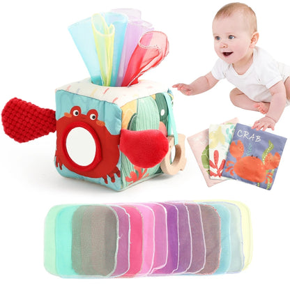 Multi-Sensory Activity Cube for Babies – Peek-A-Boo, Scarf Pull & Teether Toy