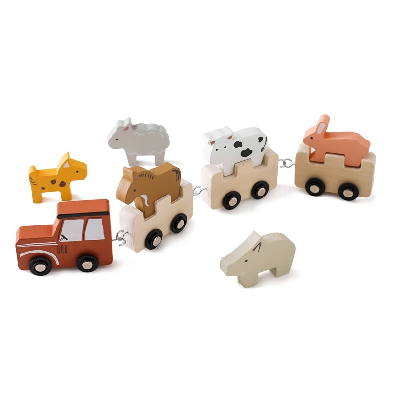 Montessori Wooden Pull Train with Animals – 2-in-1 Stacking & Rolling Toy Set