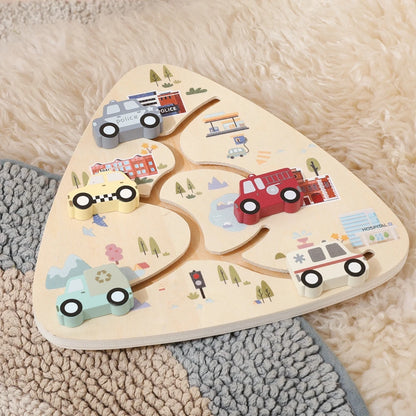 Wooden Vehicle Sliding Puzzle for Toddlers – Educational Montessori Traffic Toy