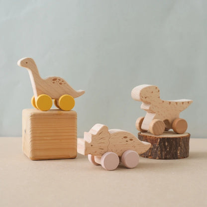 Montessori Wooden Dinosaur Push Toy Set – Rolling Dinos for Toddlers & Kids