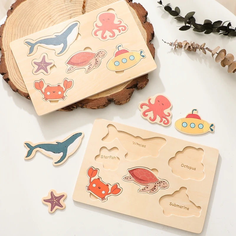 Montessori Wooden Toddler Puzzle Set – Animals, Vegetables & Ocean Themes