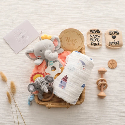 Deluxe Newborn Baby Gift Box – Plush Animal, Swaddle, Rattle & Keepsakes