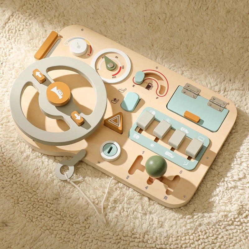 Wooden Car Dashboard Busy Board – Montessori Driving Toy for Toddlers