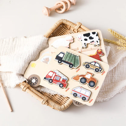 Toddler Learning Puzzle – Chunky Wooden Animal & Vehicle Matching Boards