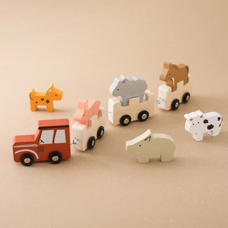 Montessori Wooden Pull Train with Animals – 2-in-1 Stacking & Rolling Toy Set