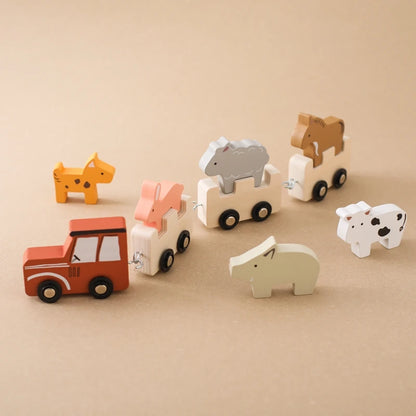 Montessori Wooden Pull Train with Animals – 2-in-1 Stacking & Rolling Toy Set