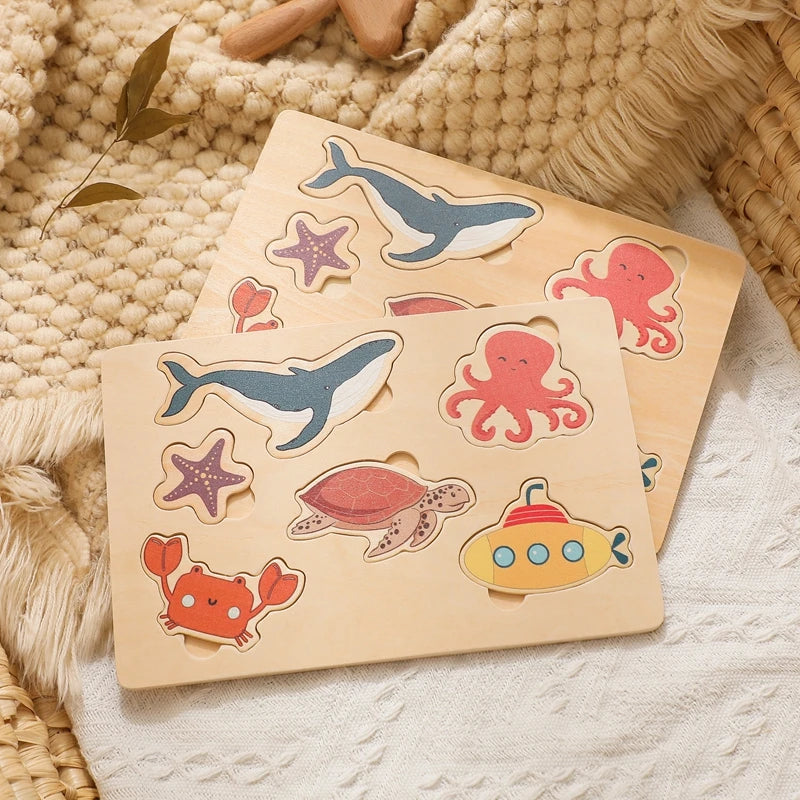 Montessori Wooden Toddler Puzzle Set – Animals, Vegetables & Ocean Themes