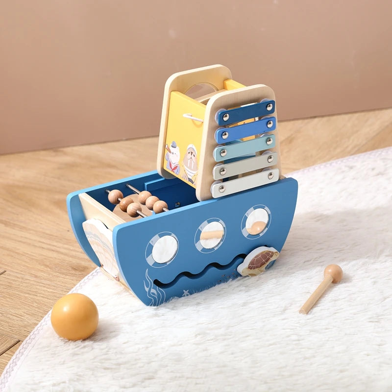 5-in-1 Wooden Activity Boat – Toddler Montessori Ocean-Themed Toy