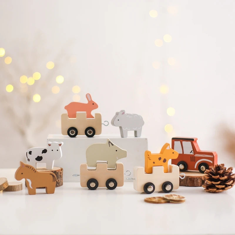 Montessori Wooden Pull Train with Animals – 2-in-1 Stacking & Rolling Toy Set