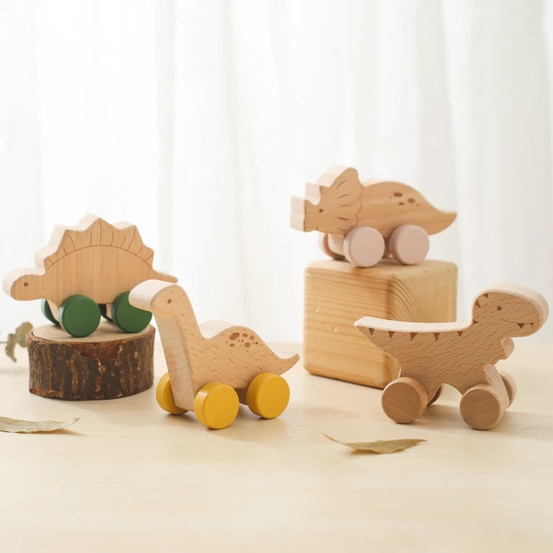 Montessori Wooden Dinosaur Push Toy Set – Rolling Dinos for Toddlers & Kids