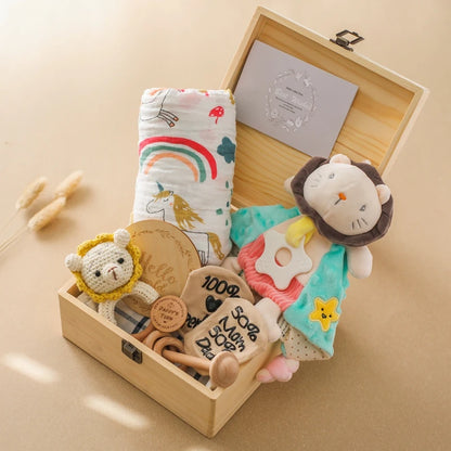 Deluxe Newborn Baby Gift Box – Plush Animal, Swaddle, Rattle & Keepsakes