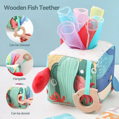 Multi-Sensory Activity Cube for Babies – Peek-A-Boo, Scarf Pull & Teether Toy