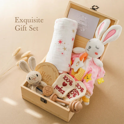 Deluxe Newborn Baby Gift Box – Plush Animal, Swaddle, Rattle & Keepsakes