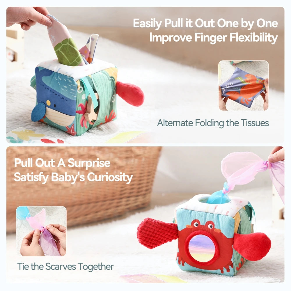 Multi-Sensory Activity Cube for Babies – Peek-A-Boo, Scarf Pull & Teether Toy