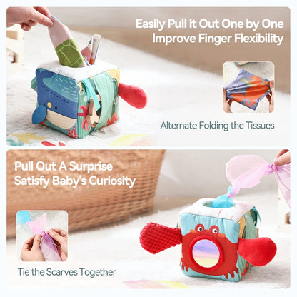 Multi-Sensory Activity Cube for Babies – Peek-A-Boo, Scarf Pull & Teether Toy