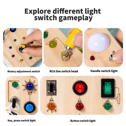 Montessori Wooden Busy Board – LED Light Switches, Buttons & Sensory Learning Panel