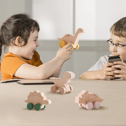 Montessori Wooden Dinosaur Push Toy Set – Rolling Dinos for Toddlers & Kids