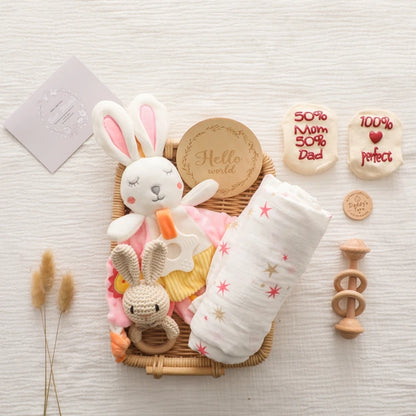 Deluxe Newborn Baby Gift Box – Plush Animal, Swaddle, Rattle & Keepsakes