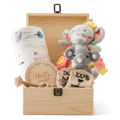 Deluxe Newborn Baby Gift Box – Plush Animal, Swaddle, Rattle & Keepsakes