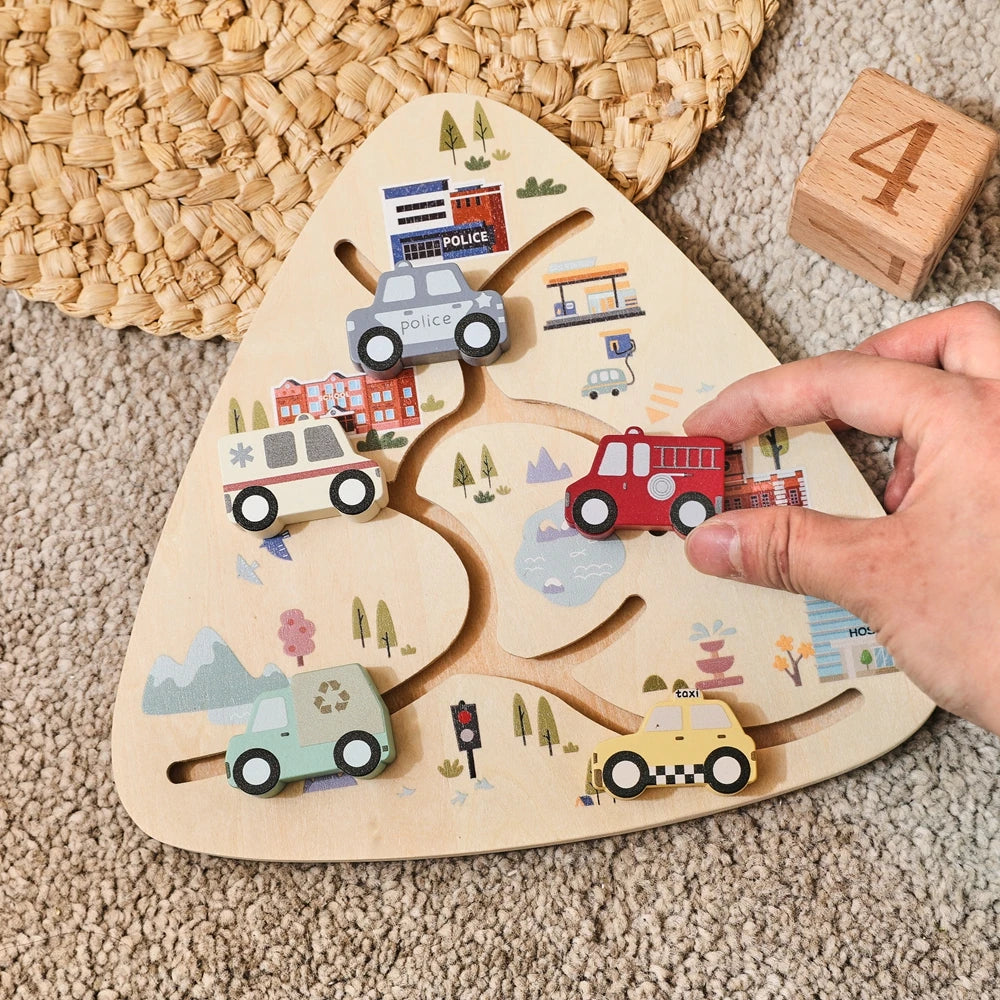 Wooden Vehicle Sliding Puzzle for Toddlers – Educational Montessori Traffic Toy