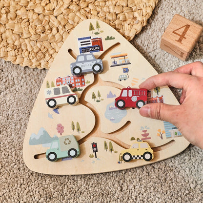 Wooden Vehicle Sliding Puzzle for Toddlers – Educational Montessori Traffic Toy