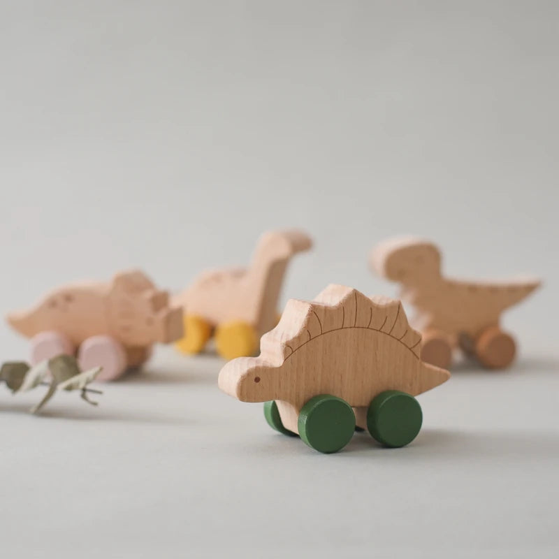 Montessori Wooden Dinosaur Push Toy Set – Rolling Dinos for Toddlers & Kids