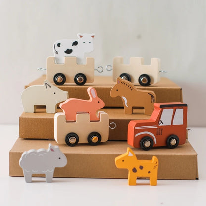 Montessori Wooden Pull Train with Animals – 2-in-1 Stacking & Rolling Toy Set