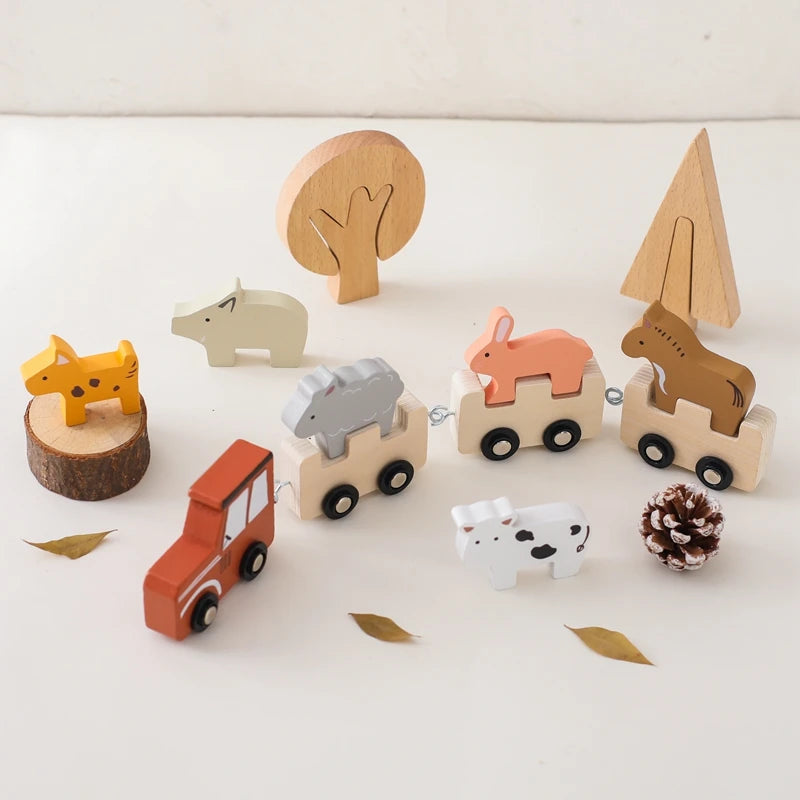 Montessori Wooden Pull Train with Animals – 2-in-1 Stacking & Rolling Toy Set