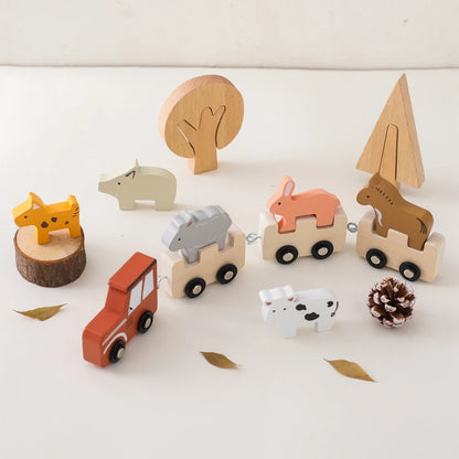 Montessori Wooden Pull Train with Animals – 2-in-1 Stacking & Rolling Toy Set