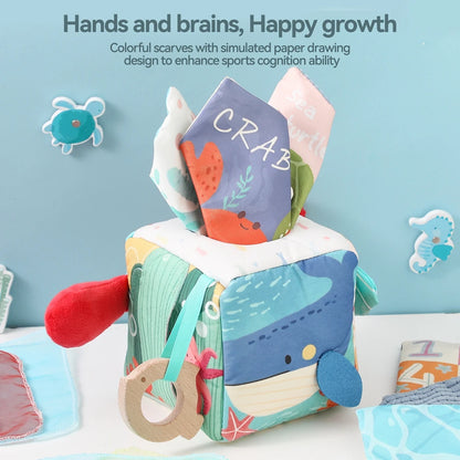 Multi-Sensory Activity Cube for Babies – Peek-A-Boo, Scarf Pull & Teether Toy