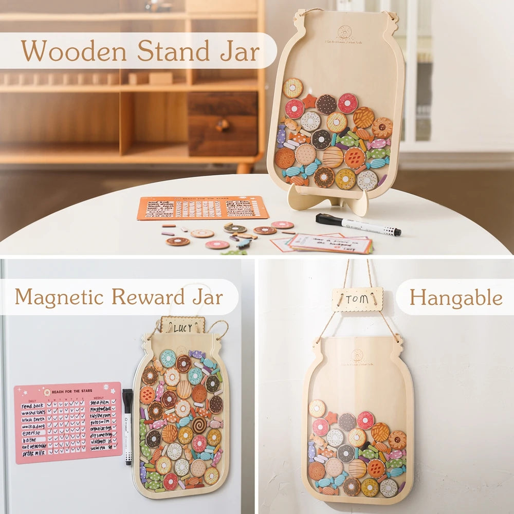 Wooden Reward Jar for Kids – Behavior Chart with Tokens, Habit Tracker & Coupons