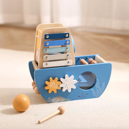 5-in-1 Wooden Activity Boat – Toddler Montessori Ocean-Themed Toy