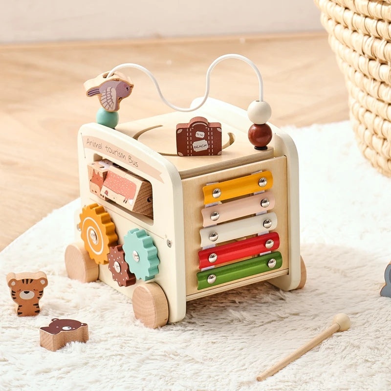 Wooden Montessori Activity Bus  – Sensory and Motor Skills Toddlers