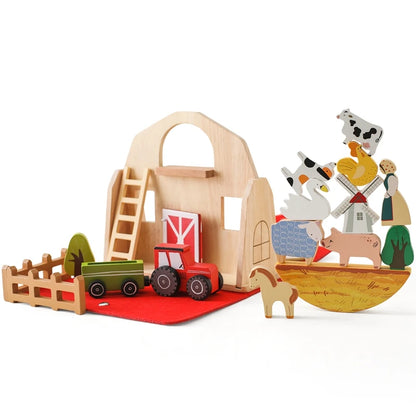 Montessori Wooden Pull Train with Animals – 2-in-1 Stacking & Rolling Toy Set