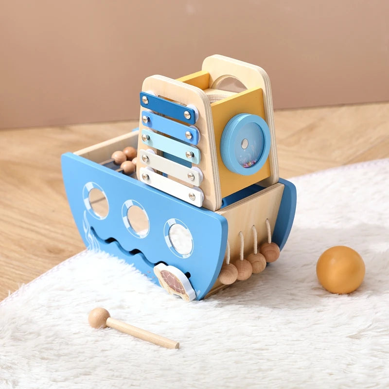 5-in-1 Wooden Activity Boat – Toddler Montessori Ocean-Themed Toy