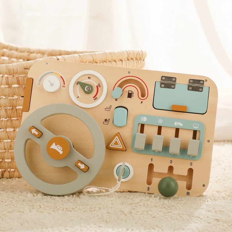 Wooden Car Dashboard Busy Board – Montessori Driving Toy for Toddlers