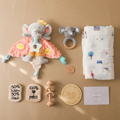 Deluxe Newborn Baby Gift Box – Plush Animal, Swaddle, Rattle & Keepsakes