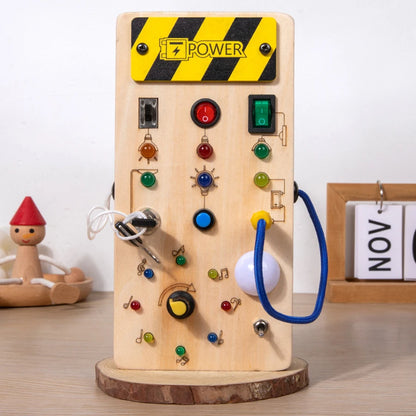 Montessori Wooden Busy Board – LED Light Switches, Buttons & Sensory Learning Panel