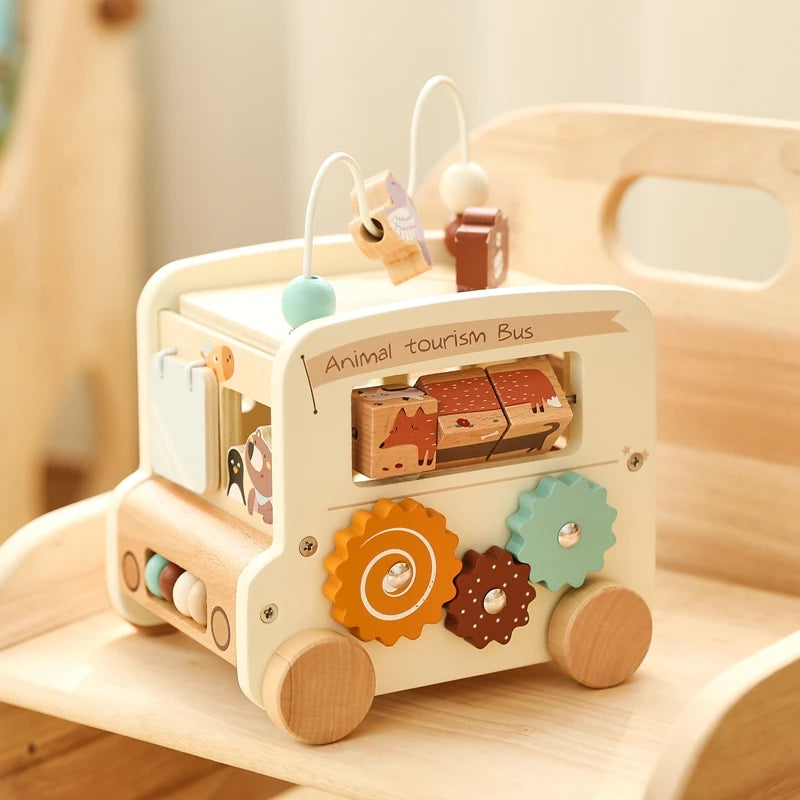 Wooden Montessori Activity Bus  – Sensory and Motor Skills Toddlers