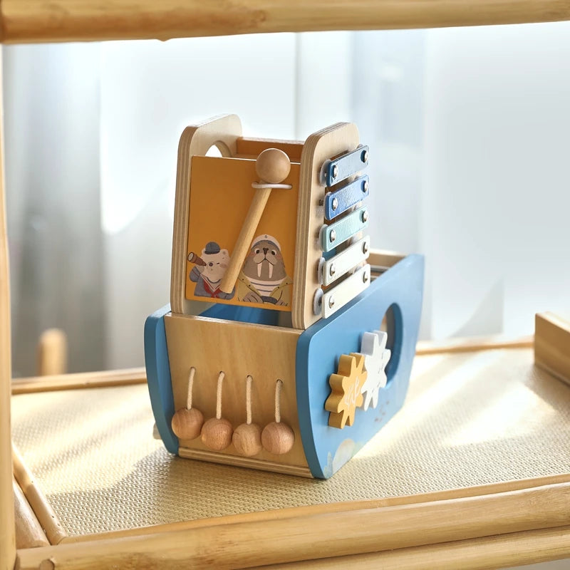 5-in-1 Wooden Activity Boat – Toddler Montessori Ocean-Themed Toy